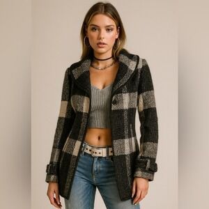 GUESS Women's Coat Black White Plaid Wool‎ Blend Jacket Coat Size S Y2K